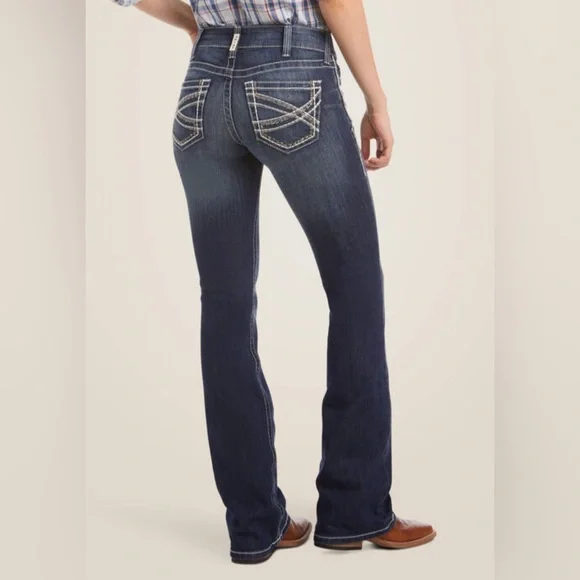 Ariat Women's REAL Mid Rise Stretch Entwined Boot Cut Western Denim Jeans - Picture 2 of 13